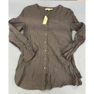 LOFT Womens Charcoal Gray Button Down Blouse Smocked Cuffs Size M NEW NWT